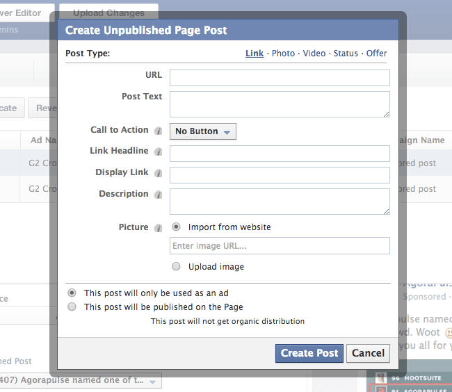 Facebook Power Editor Unpublished Page Post