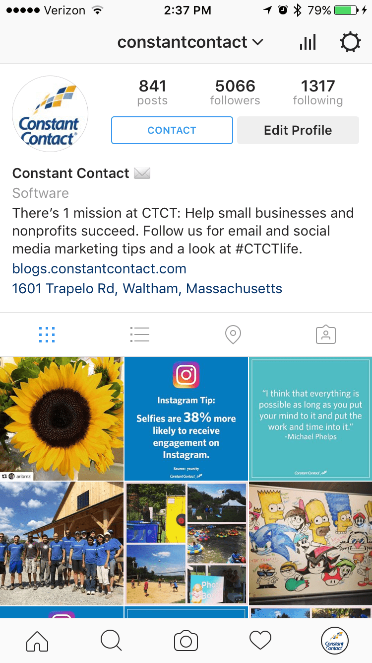 Constant Contact Instagram business profile