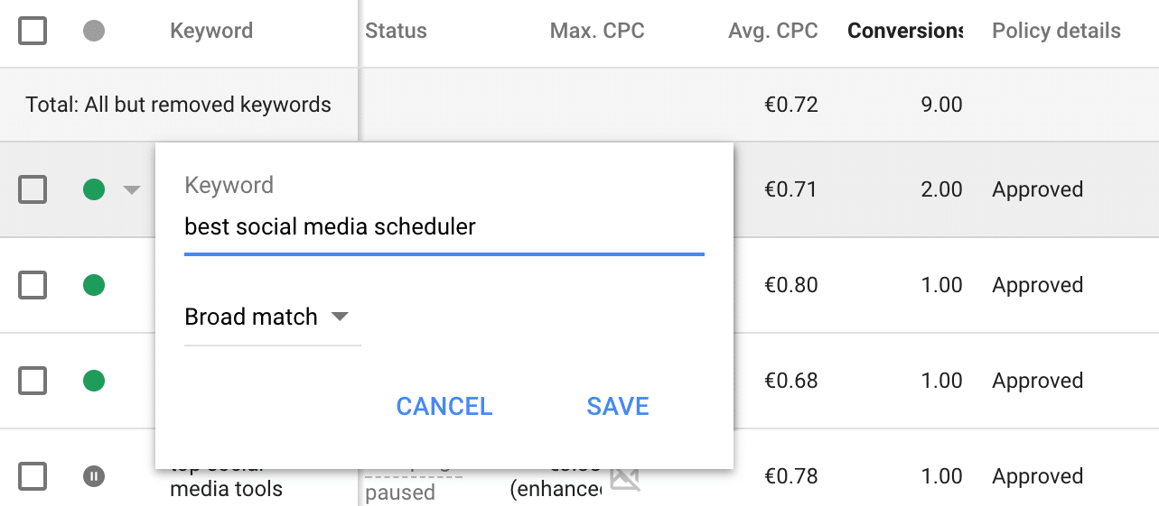 Adwords keywords