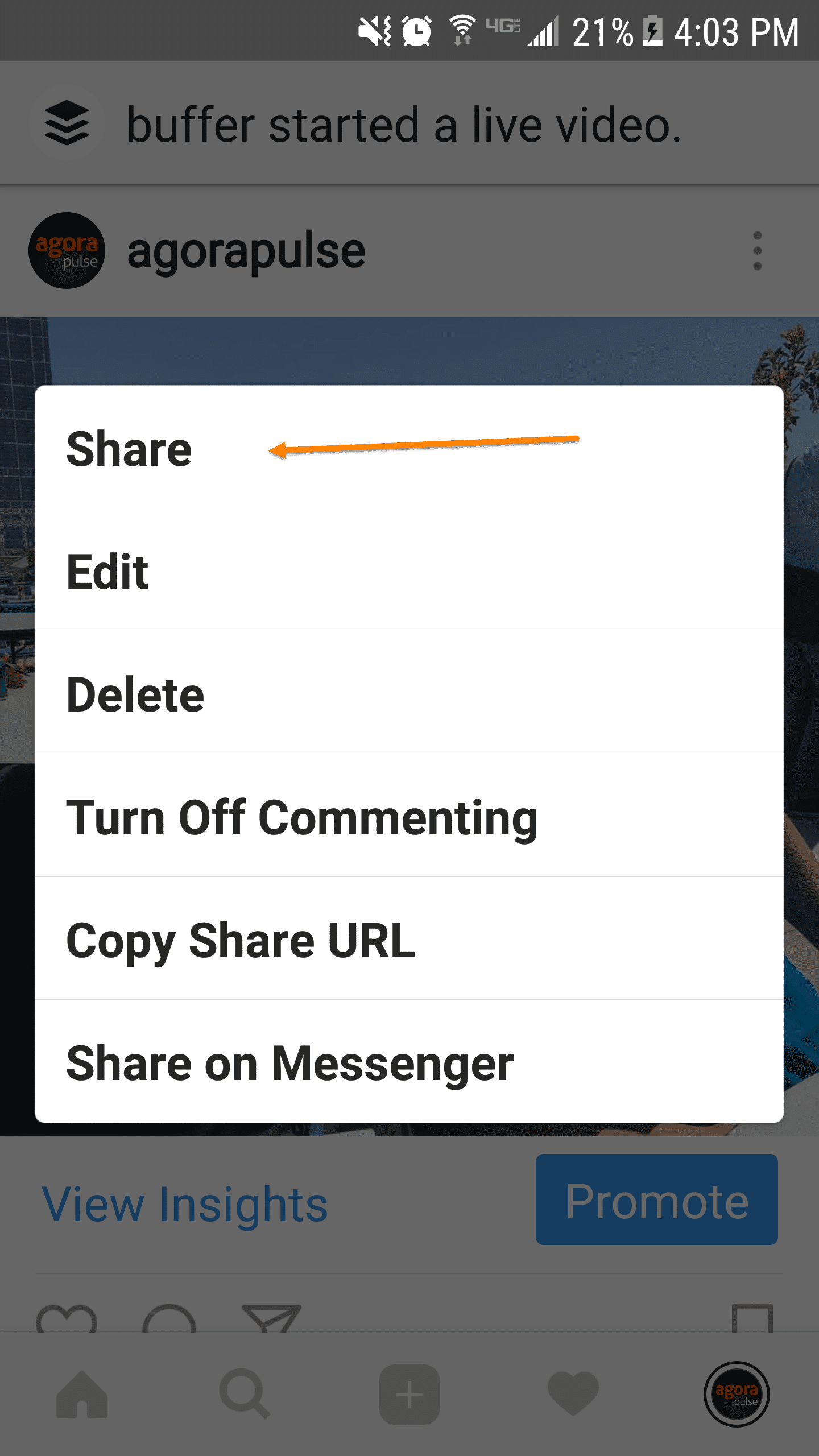 Click share to choose to send Instagram post to Facebook